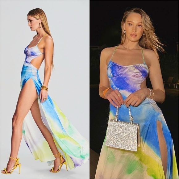 NWT RETROFETE Silk Watercolor Sleeveless Open Back Side Cutout Maxi Slip Gown XS - Picture 8 of 16